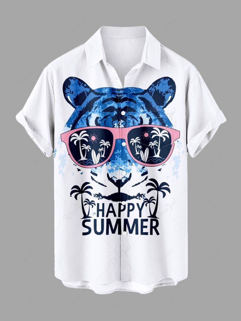 Online Plus Size Coconut Tree Letter Tie Dye Tiger Sunglasses Print Hawaii Button Pocket Shirt For Men  