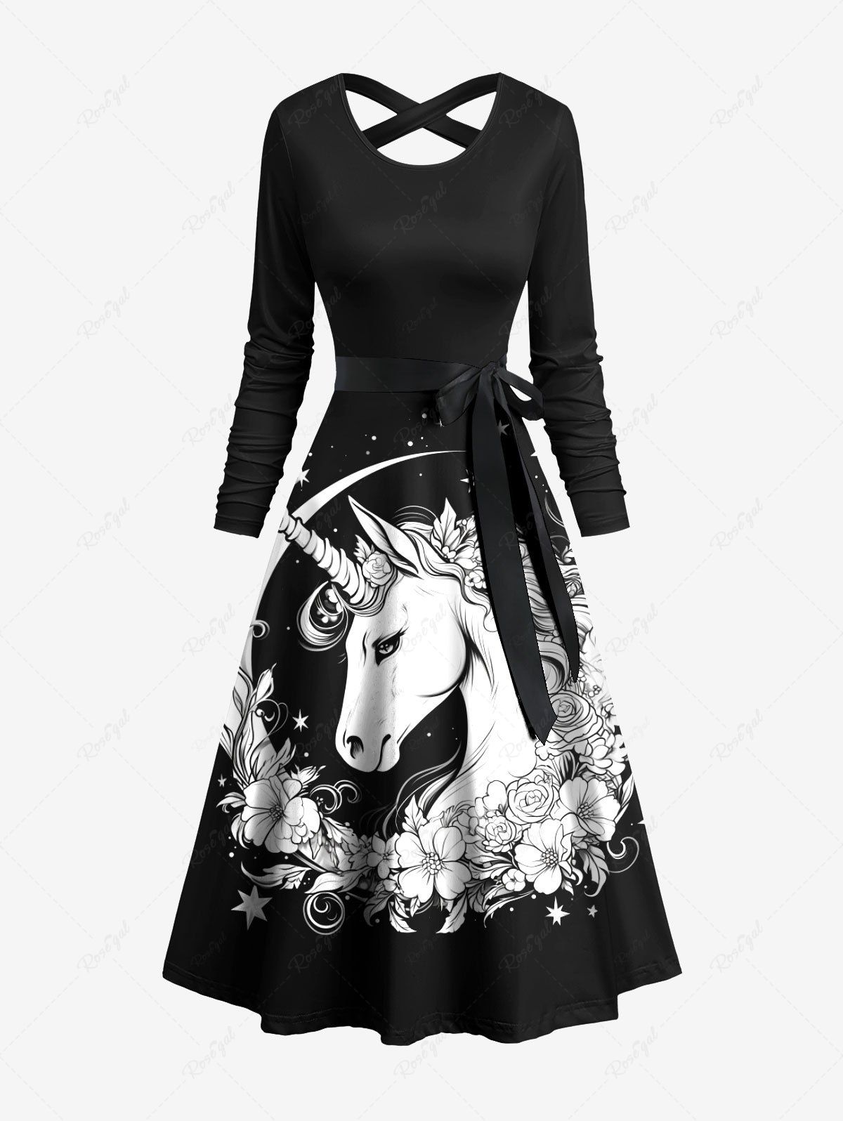 Robe Ligne A Nouée Croisée Lune Etoile Licorne Imprimés avec Ceinture Noir 3XL