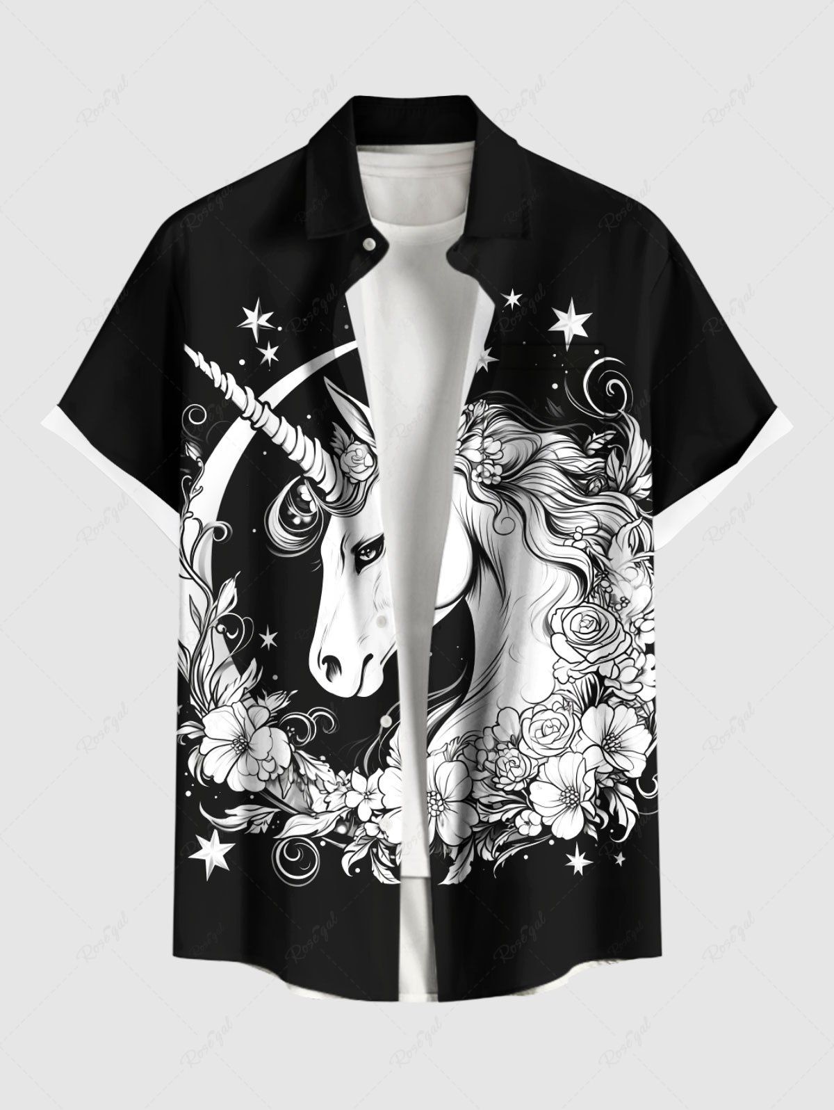 Shops Plus Size Moon Star Galaxy Floral Branch Unicorn Print Button Pocket Shirt For Men  