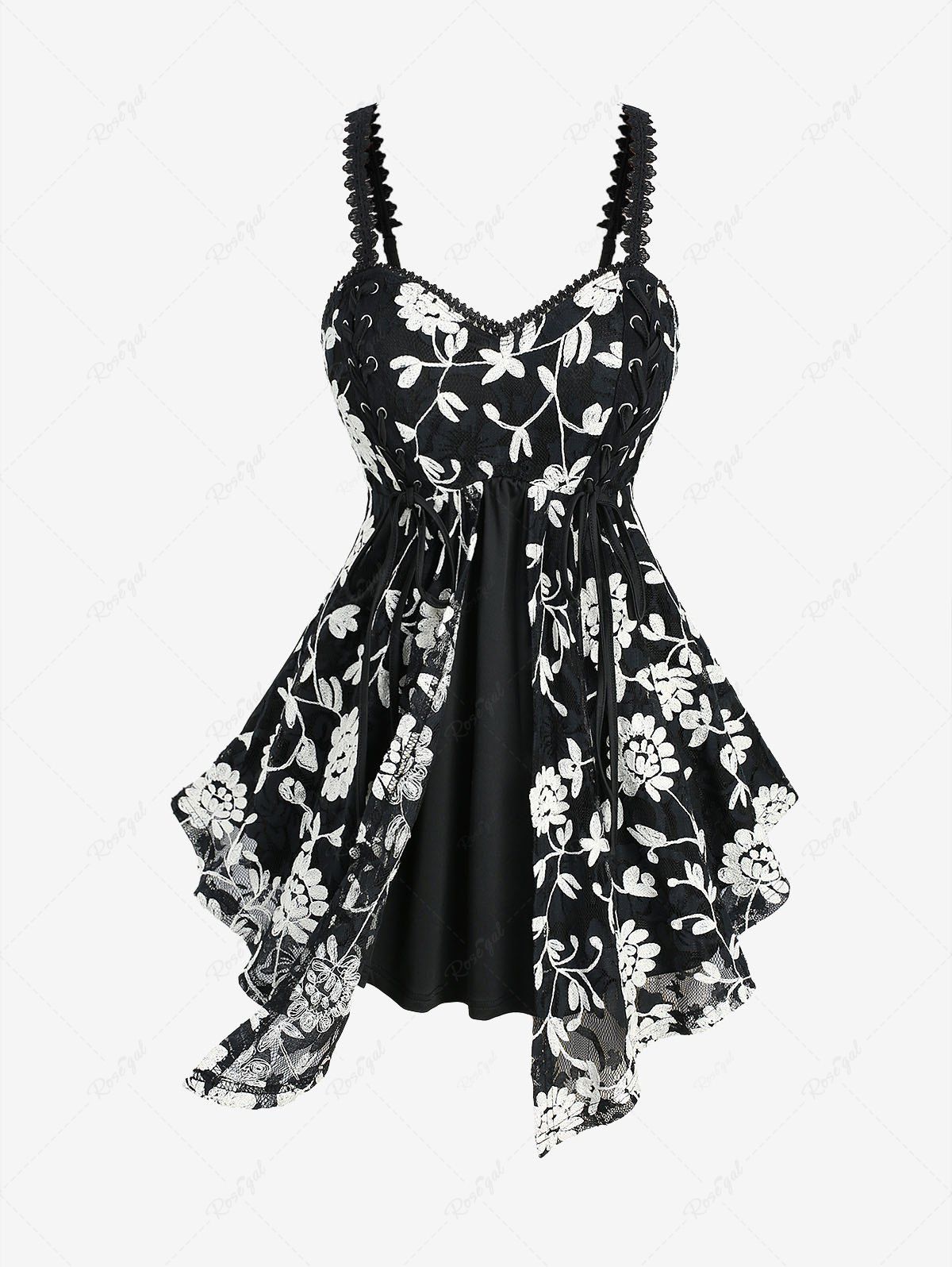 New Plus Size  Lace Trim Flower Embroidery Grommets Lace-up Tank Top  