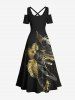 Plus Size Metallic Tropical Leaf Print Cold Shoulder Crisscross Hawaii Maxi Dress -  