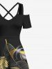 Plus Size Metallic Tropical Leaf Print Cold Shoulder Crisscross Hawaii Maxi Dress -  