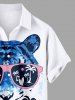 Plus Size Coconut Tree Letter Tie Dye Tiger Sunglasses Print Hawaii Button Pocket Shirt For Men -  