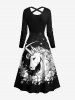 Robe Ligne A Nouée Croisée Lune Etoile Licorne Imprimés avec Ceinture - Noir 3XL