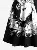 Robe Ligne A Nouée Croisée Lune Etoile Licorne Imprimés avec Ceinture - Noir 3XL
