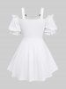 Plus Size Cold Shoulder Puff Sleeves Lace Trim Full Button Jacquard Embroidery Pointelle Hollow Out Solid Tank Top -  