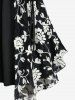 Plus Size  Lace Trim Flower Embroidery Grommets Lace-up Tank Top -  