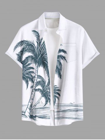 Plus Size Coconut Tree Seascape Print Buttons Pocket Hawaii Shirt For Men - WHITE - L