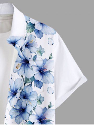 Plus Size Hibiscus Flower Leaf Print Buttons Pocket Hawaii Shirt For Men