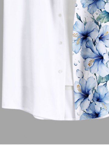 Plus Size Hibiscus Flower Leaf Print Buttons Pocket Hawaii Shirt For Men