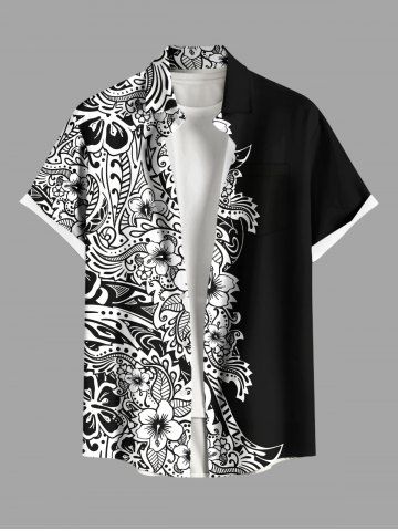 Plus Size Two Tone Flowers Colorblock Print Buttons Pocket Hawaii Shirt For Men - BLACK - S