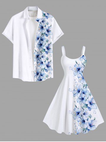 Hibiscus Flower Leaf Print Plus Size Matching Hawaii Beach Outfit For Couples