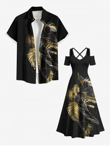 Metallic Tropical Leaf Print Plus Size Matching Hawaii Beach Outfit For Couples