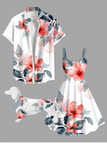 Tropical Leaf Hibiscus Flower Print Hawaii Dog and Owner Matching Outfits - WHITE