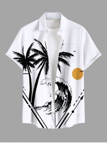 Plus Size Coconut Tree Sea Wave Sun Print Hawaii Button Pocket Shirt For Men - WHITE - 6XL