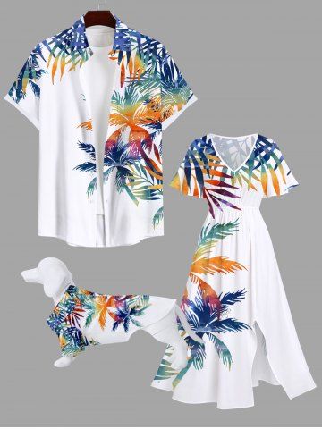 Colorful Coconut Tree Branch Leaves Print Hawaii Dog And Owner Matching Outfits - WHITE