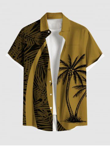 Plus Size Coconut Tree Tropical Leaf Print Buttons Pocket Hawaii Shirt For Men - YELLOW - S