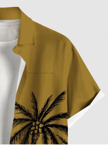Plus Size Coconut Tree Tropical Leaf Print Buttons Pocket Hawaii Shirt For Men