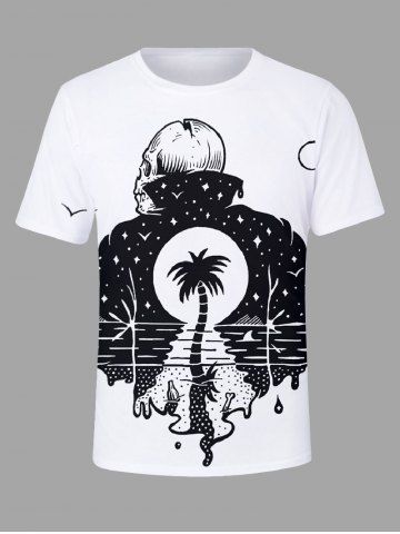 Plus Size Coconut Tree Sea Skull Wizard Print Hawaii T-shirt For Men - WHITE - XS