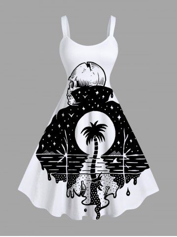 Plus Size Coconut Tree Sea Skull Wizard Print Hawaii A Line Tank Dress