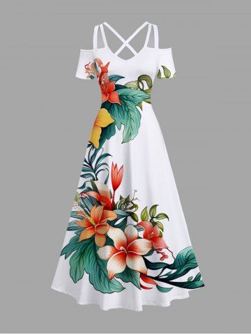 Plus Size Floral Tropical Leaves Print Hawaii Cold Shoulder Crisscross A Line Maxi Dress - WHITE - S