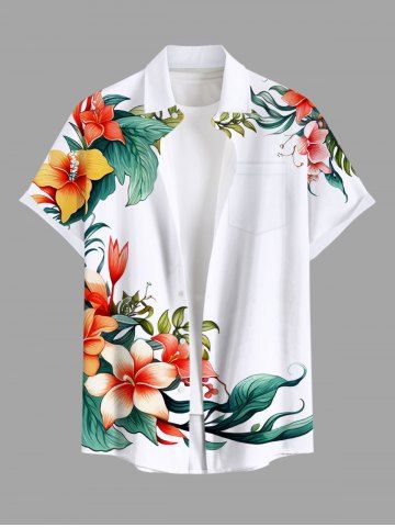 Plus Size Floral Tropical Leaves Print Hawaii Button Pocket Shirt For Men - WHITE - 5XL