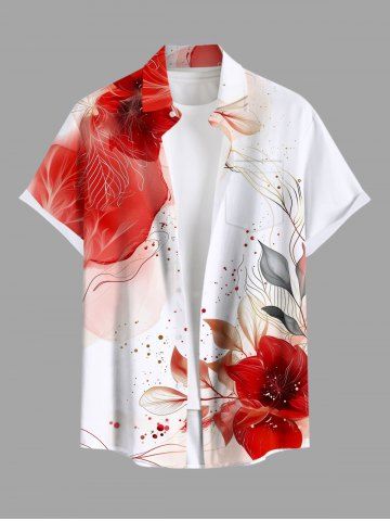 Plus Size Watercolor Tie Dye Floral Leave Line Pattern Print Hawaii Button Pocket Shirt For Men - RED - 3XL