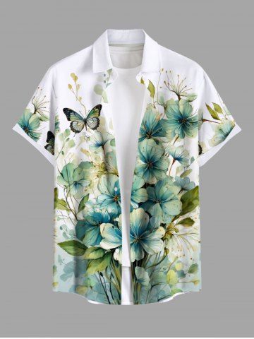 Plus Size Flowers Leaf Butterfly Print Buttons Pocket Hawaii Shirt For Men - WHITE - M