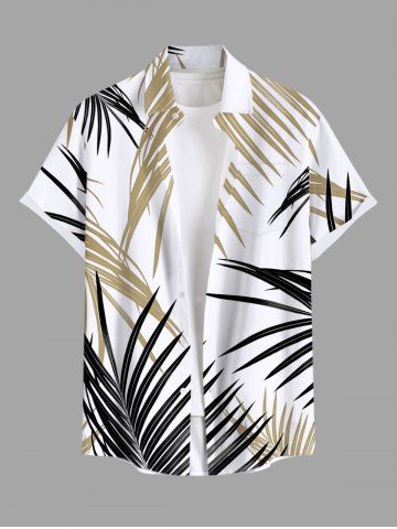 Plus Size Tropical Leaf Print Buttons Pocket Hawaii Shirt For Men - WHITE - S