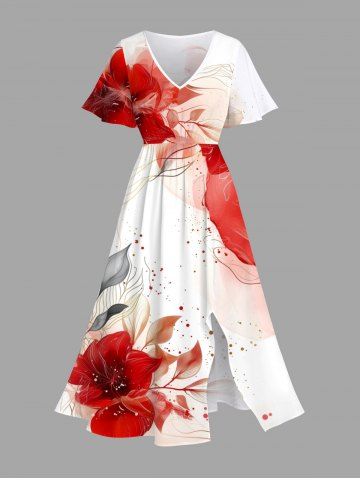 Plus Size Watercolor Tie Dye Floral Leave Line Pattern Print Hawaii Split Pocket A Line Midi Dress - RED - 6X