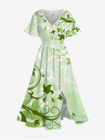 Plus Size Curve Branch Leaves Print Hawaii Ombre Split Pocket A Line Midi Dress - GREEN - M