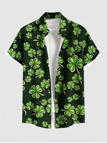 Plus Size St. Patrick's Day Clover Leaf Print Buttons Pocket Shirt For Men - BLACK - 5XL