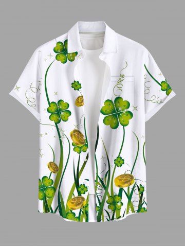 Plus Size Four Leaf Clover Coin Curve Branch Print Hawaii St. Patrick's Day Button Pocket Shirt For Men - WHITE - S