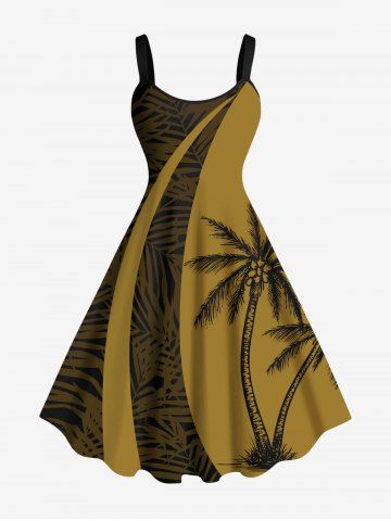 Plus Size Coconut Tree Tropical Leaf Print Hawaii Tank Dress - DEEP YELLOW - 6X