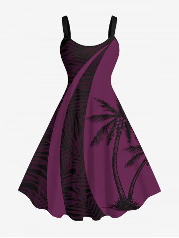 Plus Size Coconut Tree Tropical Leaf Print Hawaii Tank Dress - DEEP RED - 4X