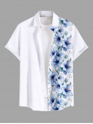 Plus Size Hibiscus Flower Leaf Print Buttons Pocket Hawaii Shirt For Men -  