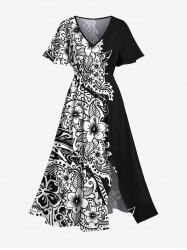 Plus Size Two Tone Flowers Colorblock Print Split Hawaii Midi Dress -  