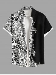 Plus Size Two Tone Flowers Colorblock Print Buttons Pocket Hawaii Shirt For Men -  