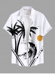 Plus Size Coconut Tree Sea Wave Sun Print Hawaii Button Pocket Shirt For Men -  