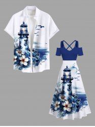 Tenue de plage hawaïenne assortie grande taille pour couple, motif fleurs, mer, pont d'observation, imprimé oiseaux - Bleu 