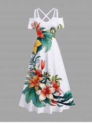 Plus Size Floral Tropical Leaves Print Hawaii Cold Shoulder Crisscross A Line Maxi Dress -  