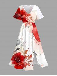 Plus Size Watercolor Tie Dye Floral Leave Line Pattern Print Hawaii Split Pocket A Line Midi Dress -  