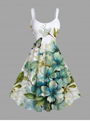 Plus Size Flowers Leaf Butterfly Print Hawaii Tank Dress -  