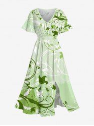 Robe Mi-Longue Linge A Fendue Feuille et Branche Ombré Imprimés de Grande Taille avec Poche - Vert 1X