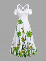 Maxi Robe Feuille Tombante Trèfle Quatre Branches Imprimés à Epaule Dénudée Grande Taille - Blanc 3X