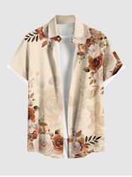 Plus Size Ombre Rose Flower Leaf Branch Print Hawaii Button Pocket Shirt For Men -  