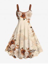 Plus Size Ombre Rose Flower Leaf Branch Print Hawaii A Line Tank Dress -  