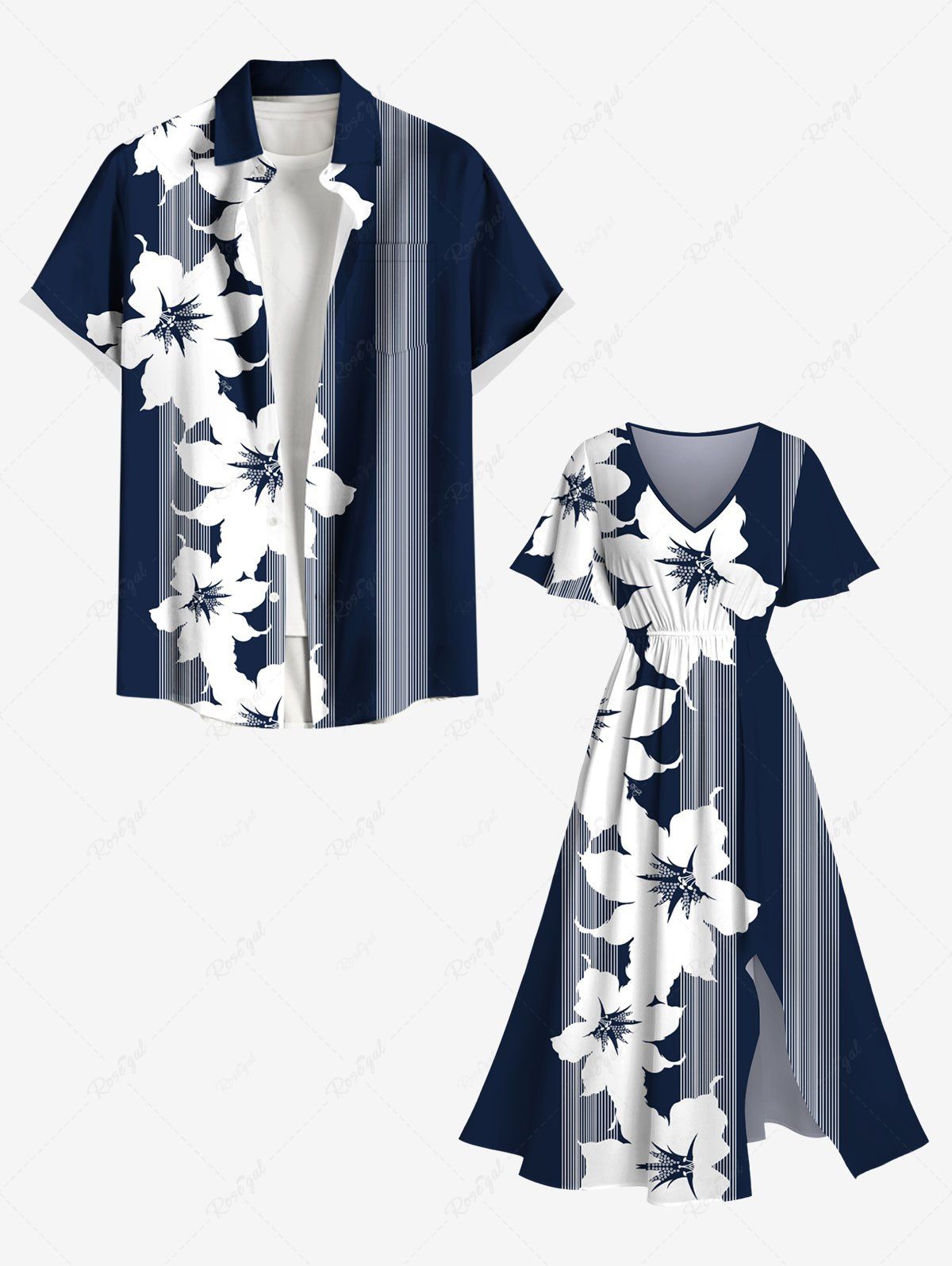 Cheap Tropical Flowers Stripe Print Plus Size Matching Hawaii Beach Outfit For Couples  