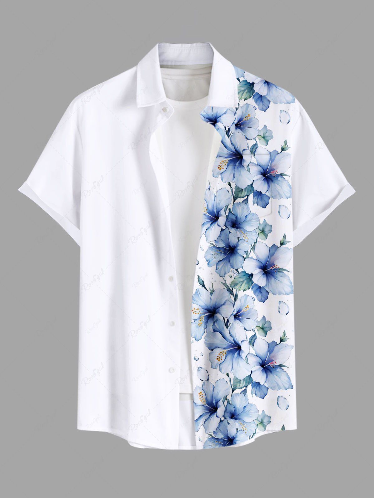Trendy Plus Size Hibiscus Flower Leaf Print Buttons Pocket Hawaii Shirt For Men  