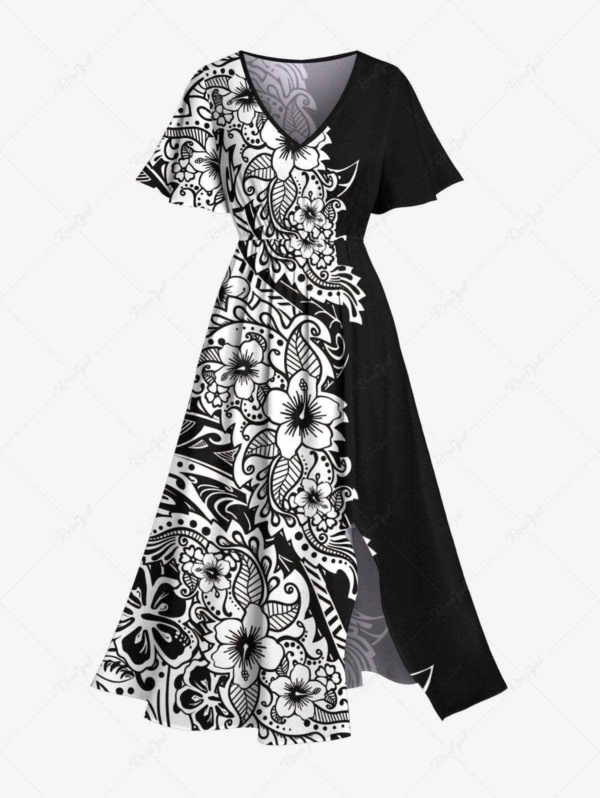 Fancy Plus Size Two Tone Flowers Colorblock Print Split Hawaii Midi Dress  
